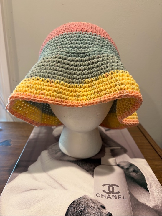 Hand Crafted Accessories - Hand-Crocheted Multicolor Bucket Hat - Pastel Pink, Mint & Yellow
